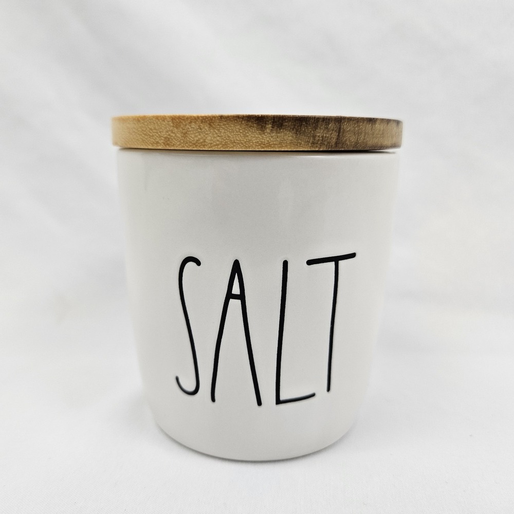 Rae Dunn Ceramic Salt Cellar Canister with Wooden Lid Farmhouse Decor White - Picture 3 of 12